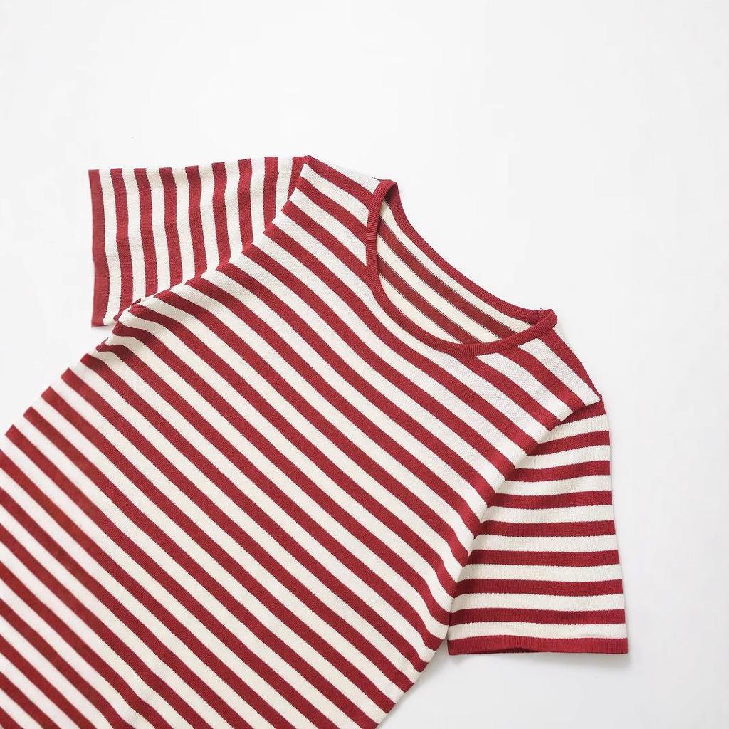 2025 Spring Women's Striped Short Sleeve Knitted Top - European & American Style Fashion