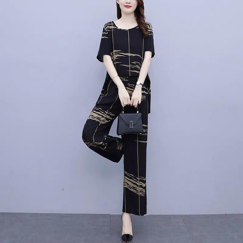 Plus Size Women's Fat Mother's Age-reducing Slimming Wide-leg Pants Casual Suit Summer Fashionable and Age-reducing Two-piece Set