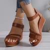 Brown PU Open-Toe Wedge Sandals for Women - Braided Ankle Strap, Adjustable Buckle Closure, Thick Rubber Sole for Summer Comfort