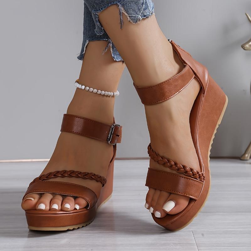 Brown PU Open-Toe Wedge Sandals for Women - Braided Ankle Strap, Adjustable Buckle Closure, Thick Rubber Sole for Summer Comfort