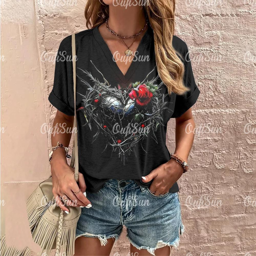 Sommer Damen Mode T-Shirt Vintage Blumen Rosenmuster V-Ausschnitt Oberteile Tees Damen Kurzarm Kleidung Damen Lässige Streetwear