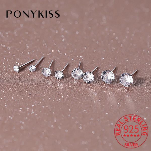 PONYKISS Real Sterling Silver Round Zircon Stud Earrings For Women Classic Fine Minimalist Ear Piercing Accessories