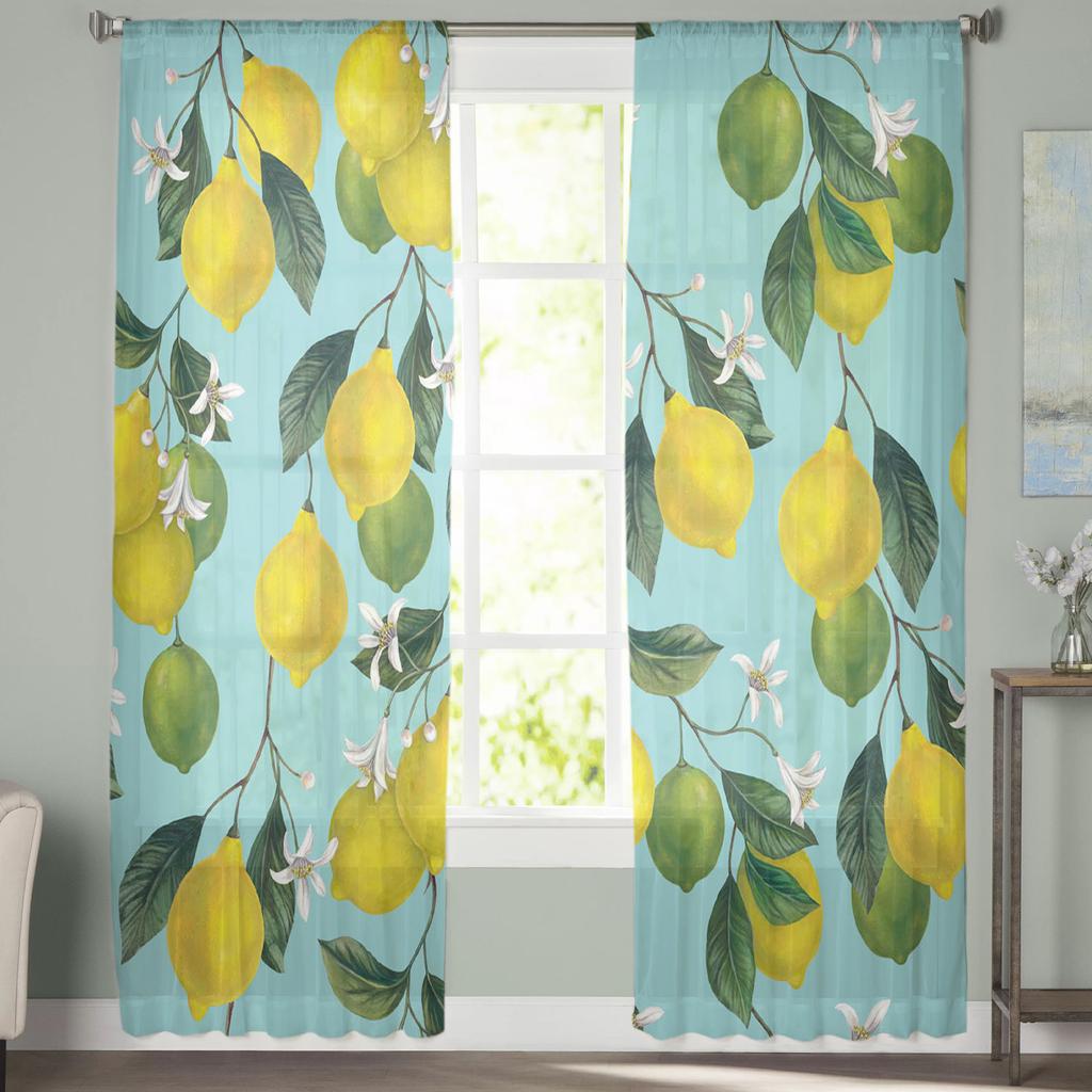 Yellow Lemon Green Leaf Fruit Tulle Sheer Window Curtains for Living Room Kitchen Children Bedroom Voile Hanging Curtain