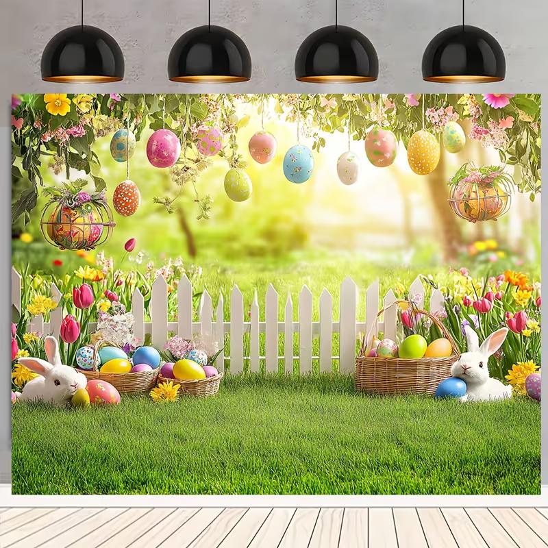 2D Easter Photo Booth Backdrop, Spring Garden with Bunnies & Floral Photography Background