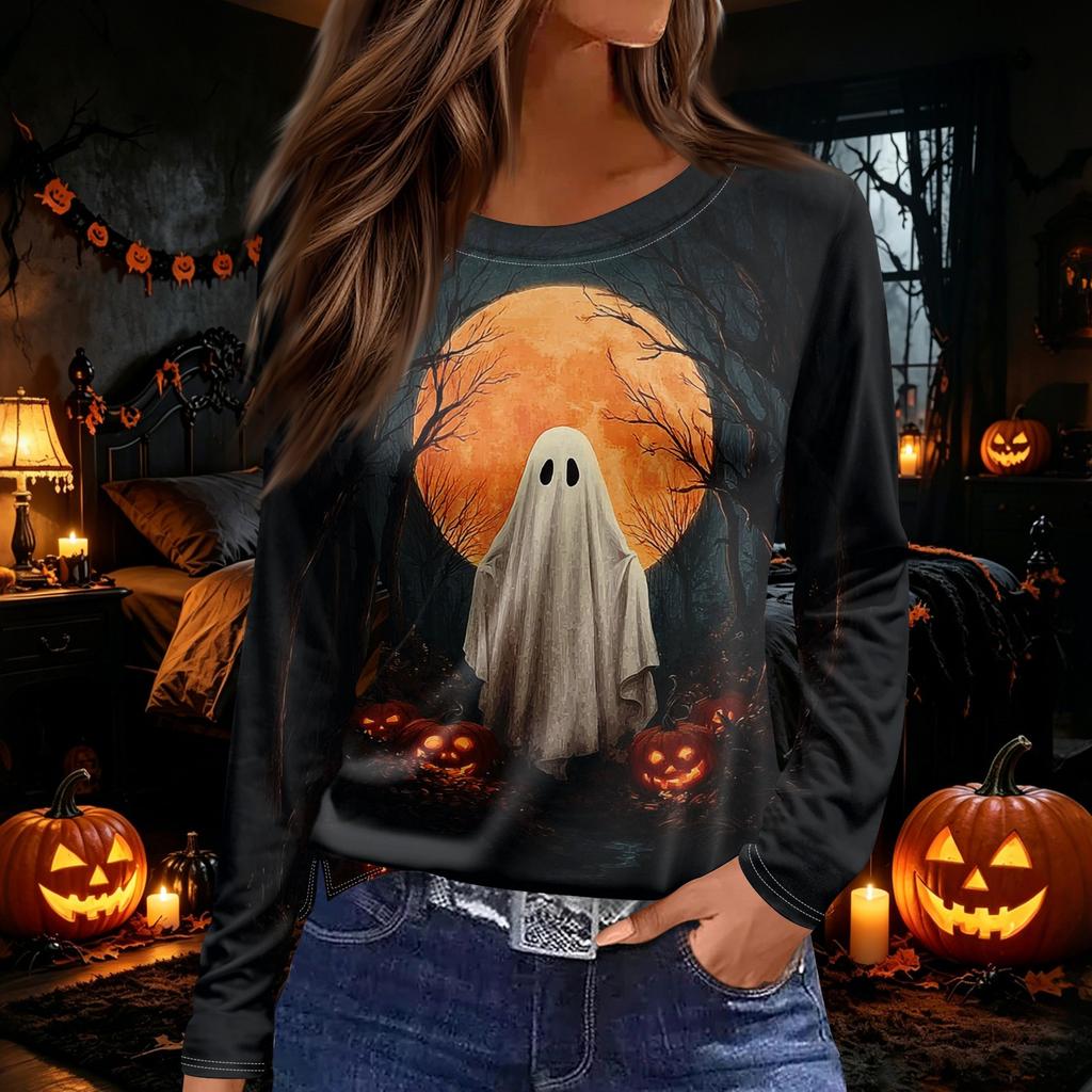 Women's Round Neck Long Sleeve Top with Halloween Print and Side Slit for Fall Festive Occasions