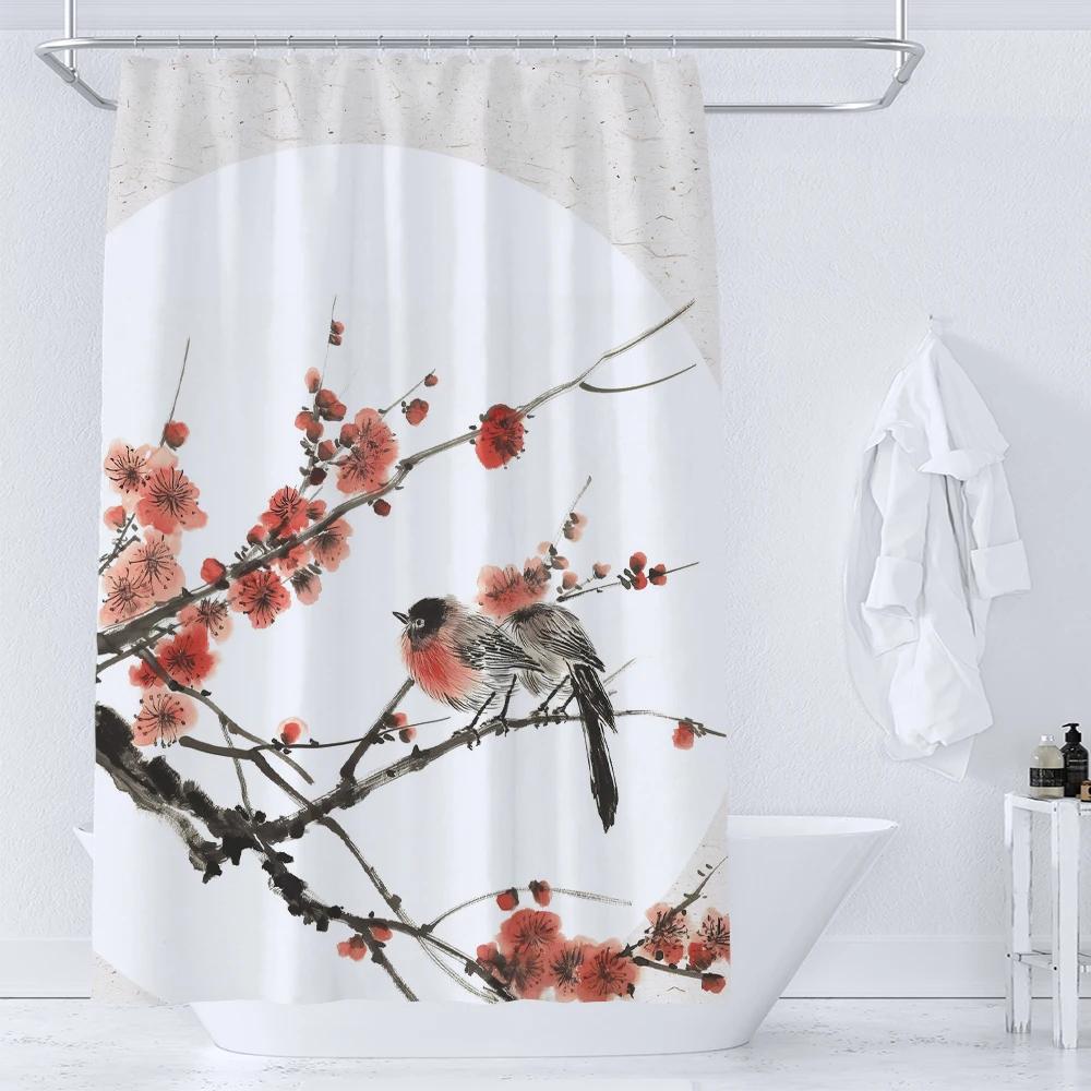 Floral Shower Curtain, Flowers and Birds Texture Fabric Waterproof Bathroom Curtains with Hooks Bathroom Decor Curtain