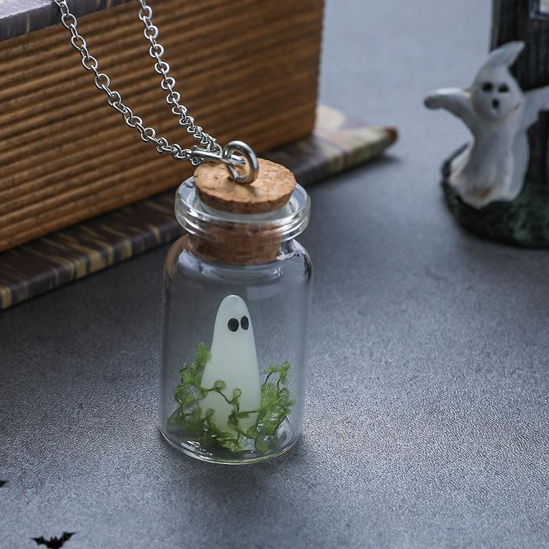 Halloween Drifting Bottle Night Glow Ghost Necklace Ear Pendants Ring Creative Design Trendy Cartoon Ghost Necklace Jewelry Gift