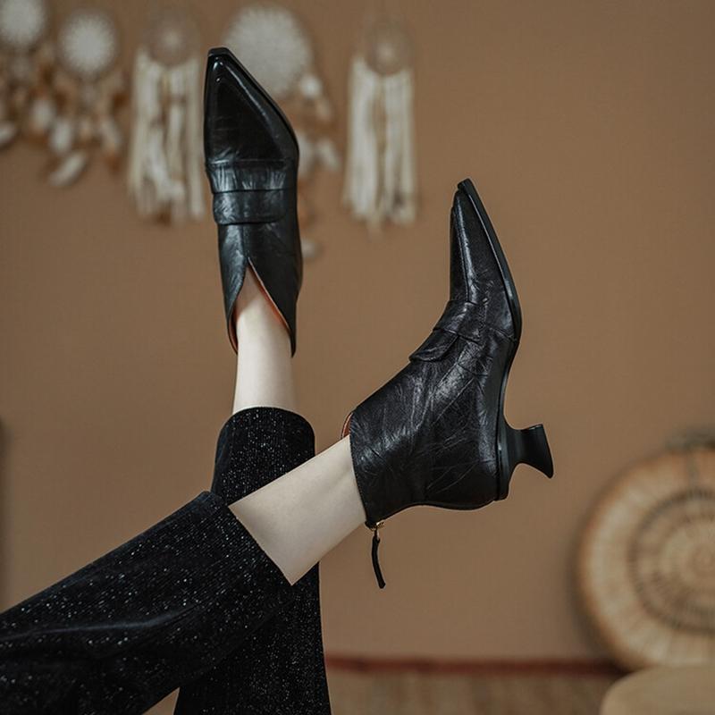 Moda Duży rozmiar 42 Jesienne Damskie Botki Szpiczasty Nosek Niski Obcas Botki Skórzane Buty Damskie Eleganckie Niski Obcas Kostka Zimowe Zapatos De Mujer