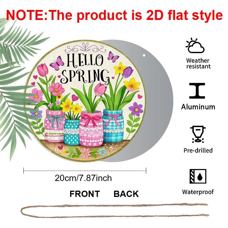 2D Flat Aluminum Hello Spring Door Sign for Front Door, Round Hanging Plaque with Mason Jar & Tulip Flower Design, Rustic Farmhouse Porch Wall Decor