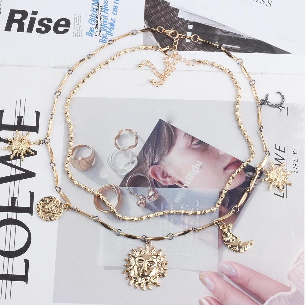 Multi-layer Necklace Fashionable Retro Light Luxury Multi-accessory Jewelry Sun Moon Earrings Necklace