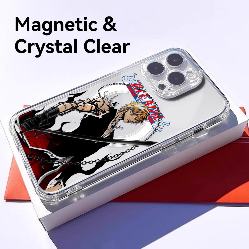 Anime B-Bleachs K-Kurosaki Phone Case For iPhone 17 16 15 14 13 12 Pro Max Plus With Magnetic Crystal Clear Case Wireless Charge