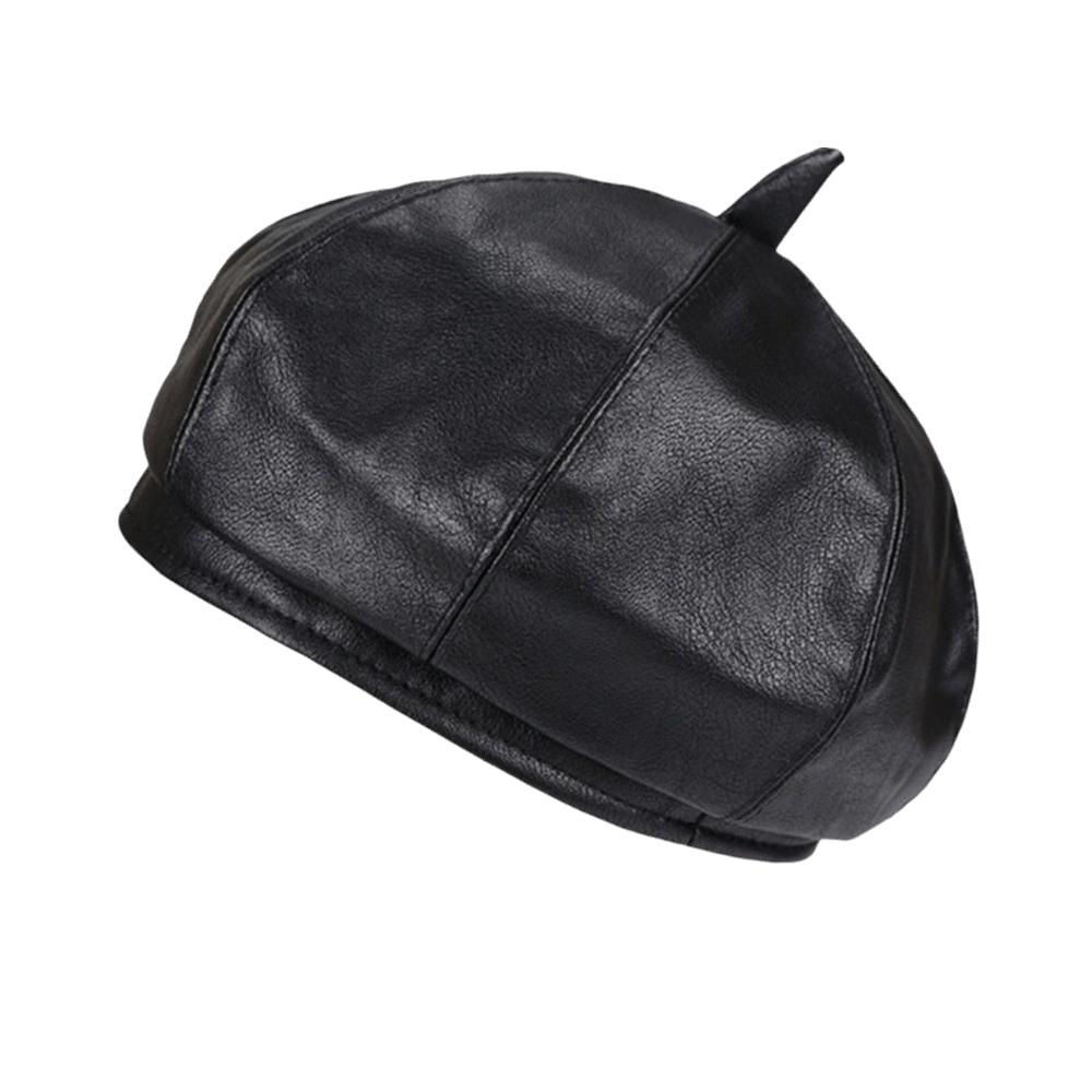 British Style Octagonal Hat Solid Color Painter Hat Retro PU Leather Beret  Streetwear