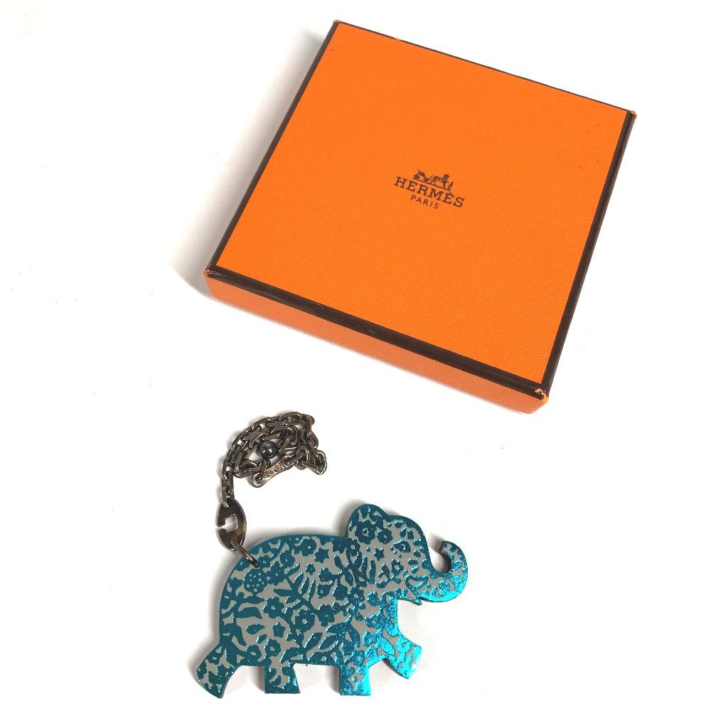 HERMES Animal Chain Bag Charm Key Holder Leather gray/blue