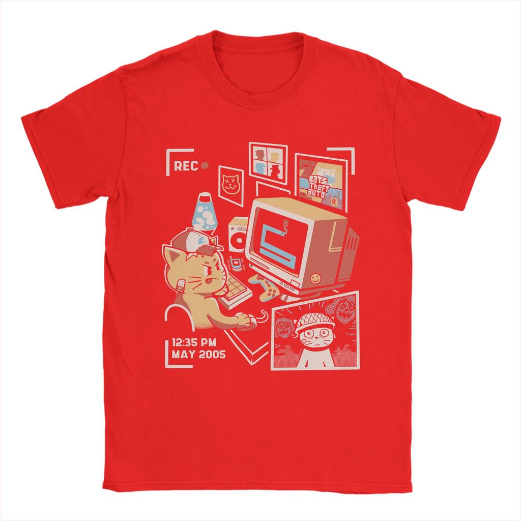 Cat Playing Computer Games T Shirt Men's 100% Cotton Funny T-Shirts Crew Neck Tees Short Sleeve Clothing Plus Size