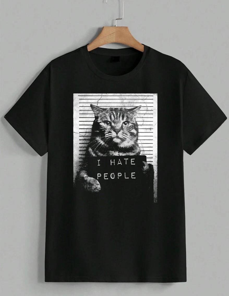 Funny I Hate People Cat Mugshot Sarcastic Graphic Novelty Meme T-Shirt Unisex XXL