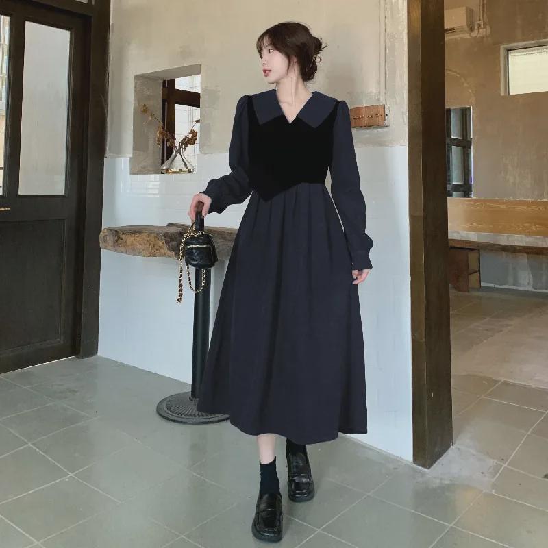 Hepburn-Style Long-Sleeve Midi Dress: Chic Autumn Design, Slimming High Waist, Plus Size, Fake Two-Piece Look