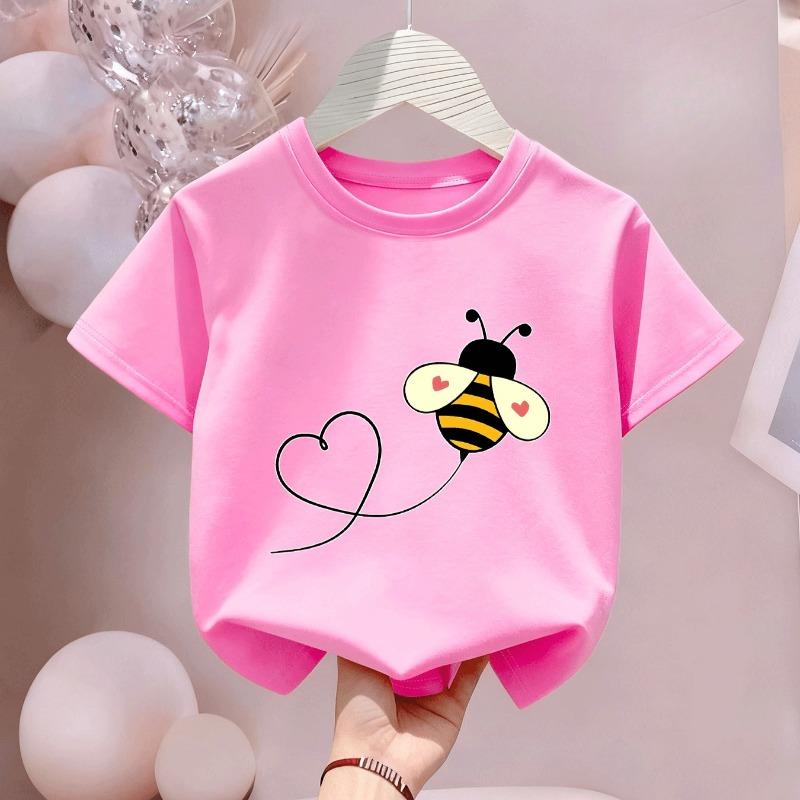 Kids Crewneck Tee, Fun Cartoon Bee Print Short Sleeve Top for Home Outing Vacation
