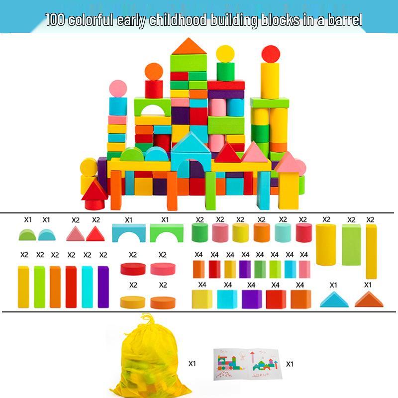 100-Piece Colorful Wooden Building Blocks: Early Education Shape Matching Puzzle for Children