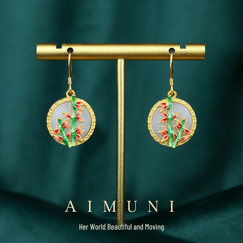 

Bamboo Style Earrings with Imitation Hetian Jade Safety Buckle - Ancient and Ethnic Design, Ideal Gift for Girlfriend Gold Plated