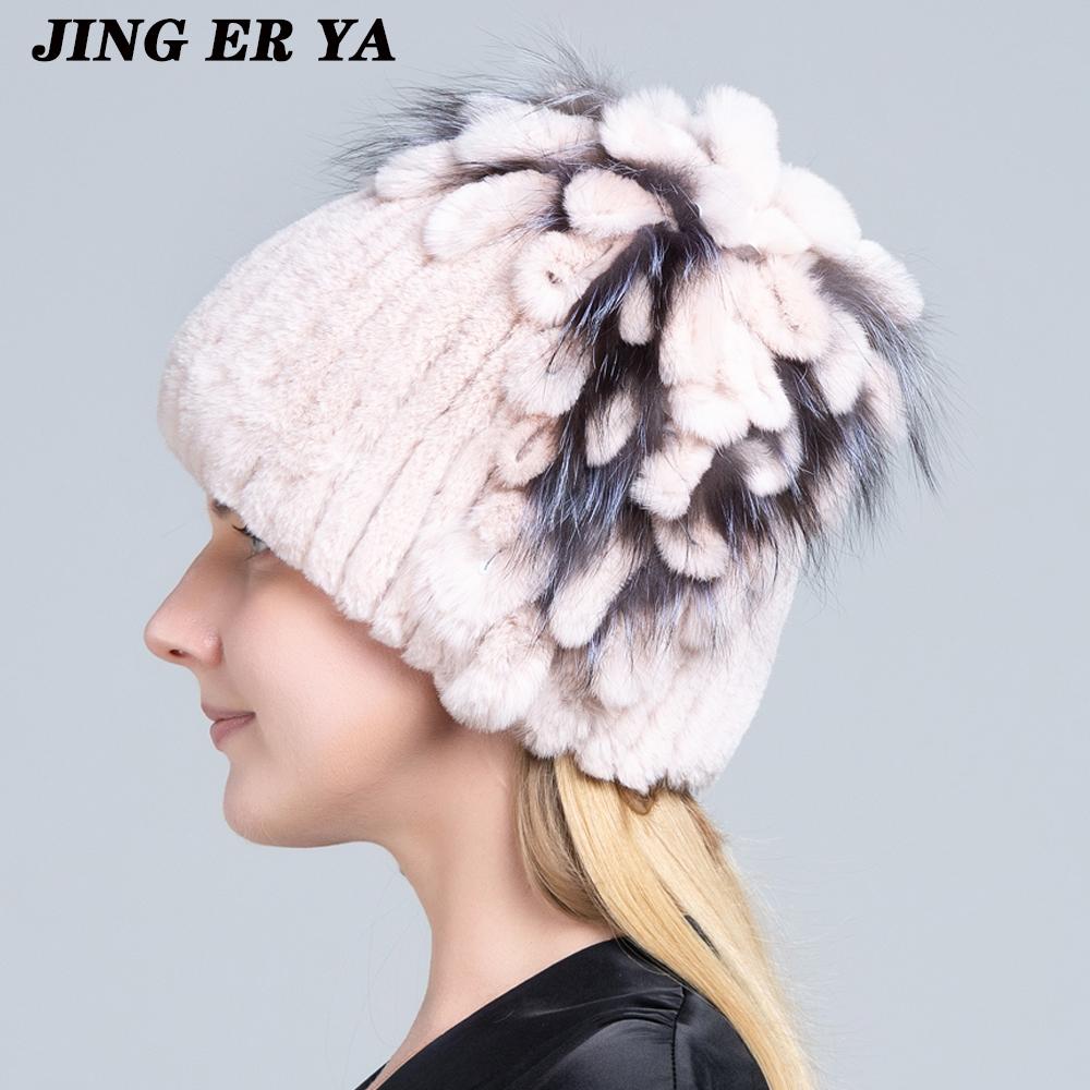 Winter Women's Warm Fashion Beanie Knitted Hat Real Rex Rabbit Fur Hat Knitted with Side Flower Russia Hat