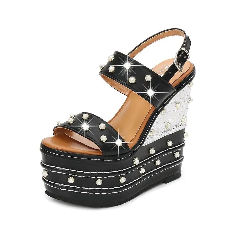 Fashion 16cm Super High Heel Platform Wedge Sandals Summer Shoes Women Rhinestone Open Toe Beach Shoes Pumps Slides Summer Shoes