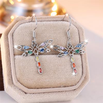 Unique Female Rainbow Dragonfly Zircon Stone Drop Dangle Earrings Cute Silver Color Party Jewelry For Women