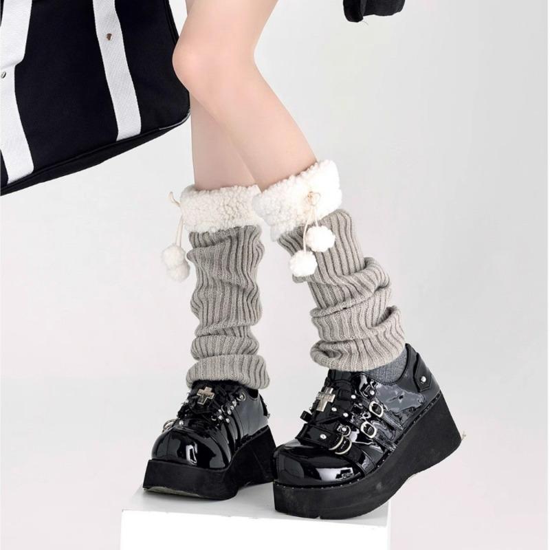 Cute Leg Cover Autumn and Winter Lamb Wool Pom-pom Warm Hairball Socks Cover J Retro Stacking Socks Children