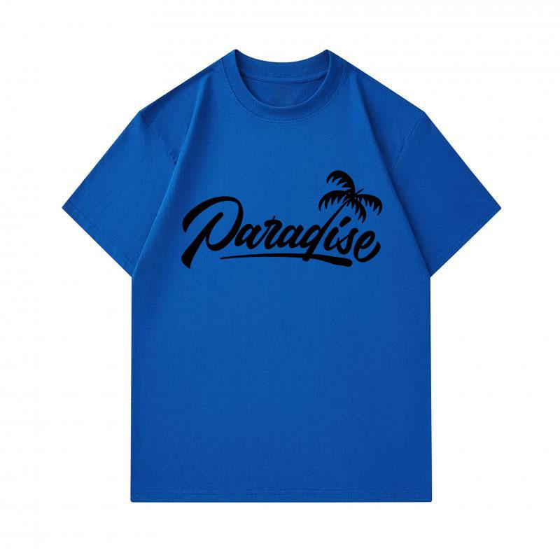 Men's 100% Cotton Crew Neck Short Sleeve T-Shirt, Casual Paradise Palm Tree Cursive Graphic Print Soft Breathable Summer Tee for Daily Outdoor Wear