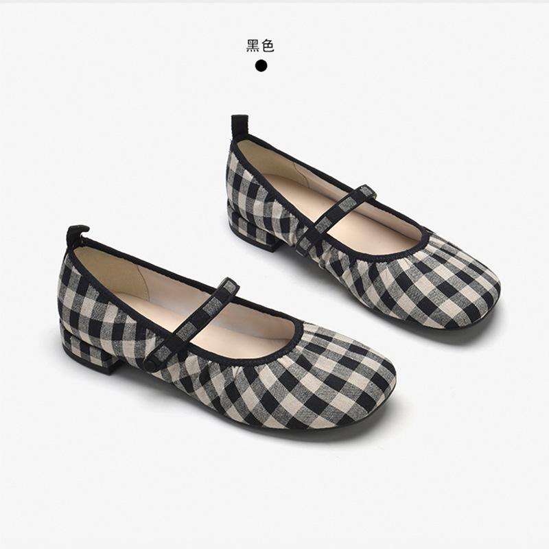

2024 Туфли Лолита Мягкие кожаные джинсы Мэри Женские балетки с ремешком на ремне и квадратным носком Удобные балетки без застежек Клетчатые балетки 4.5