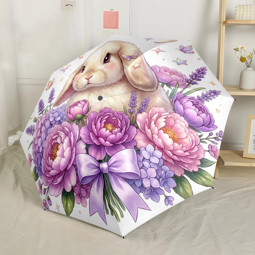 Vintage Festive Rabbit Art Automatic Umbrella Folding Umbrella with 8 Ribs Compact Design Travel Essential Fashionable Best for Christmas