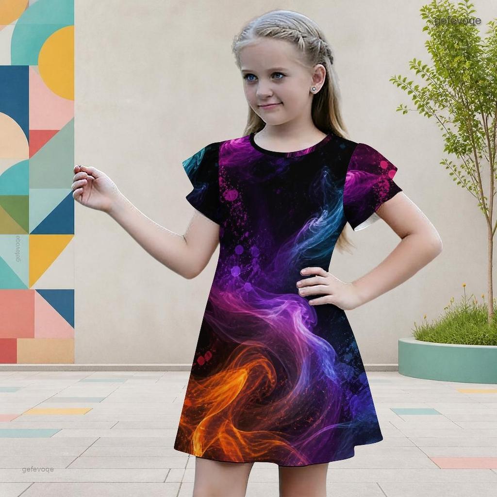 Girls Galaxy Printed Round Neck Flutter Sleeve A Line Flared Dress