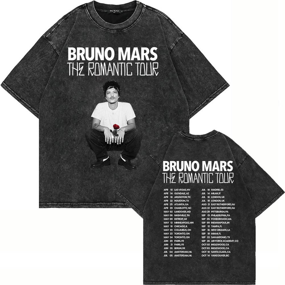100% Cotone Lavaggio Vintage Bruno Mars The Romantic Tour 2026 Maglietta Moda Uomo/Donna Retro Oversize Larga Acid Wash T-shirt