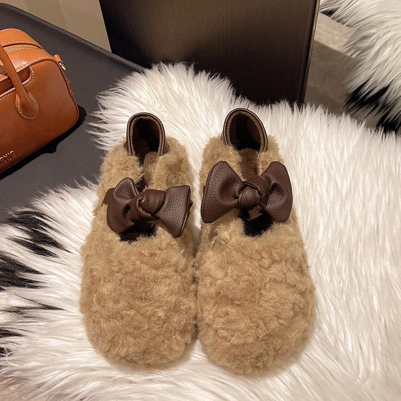 Fashion Bow-tie Fluffy Shoes for Women In the Winter of 2025, New Korean Version, Soft-soled Velvet Foot Cover, and Doudou Shoes