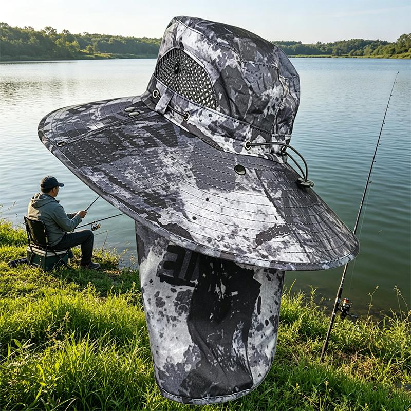 UPF 50+ Sun Fishing Hat Men Breathable Wide Brim Adjustable Covering Neck Agricultural Work Hat Outing Hiking Fisherman Hat