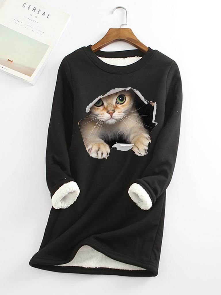 Autumn and Winter New Plus Size Fashionable Round Neck Pullover Cat Long Sleeved Plus Plush Thick Women's Bottoming Shirt Top