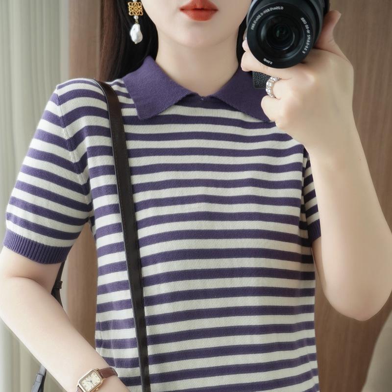 Dame Sommerstrikket Polosweater med Striper - Kortarmet Bomulls-T-skjorte med Søt, Komfortabel Stil