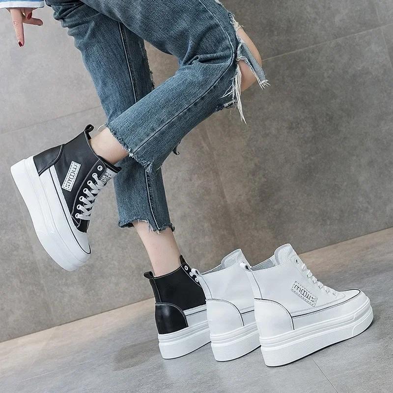 Leather Thick-soled High-top Women's Shoes 2025 Autumn Winter New Fashionable Zipper Height Increased 8cm Casual Sneakers Shoes