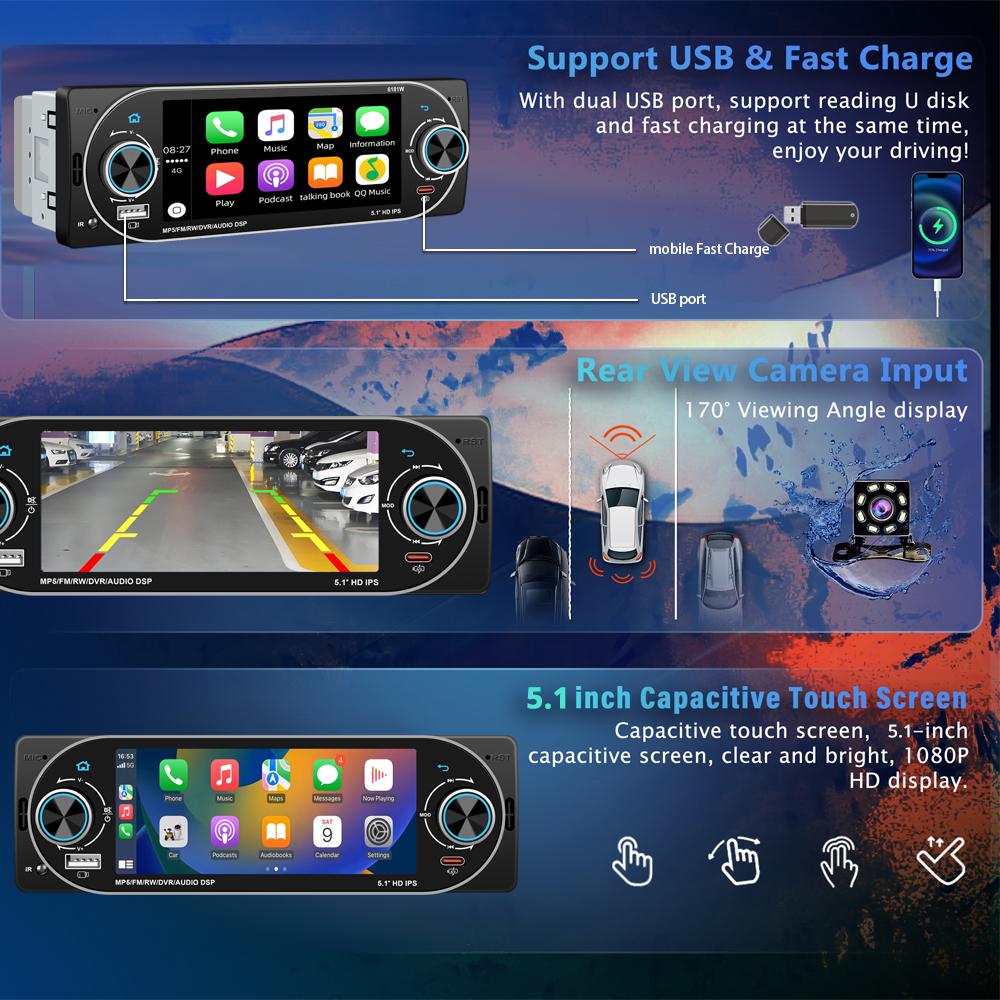 General 1 Din Car Radio MP5 IPS HD Player Support Wireless Carplay Android Auto Bluetooth FM AM RDS Stereo USB WIFI Video Player 5.1In Digital Display