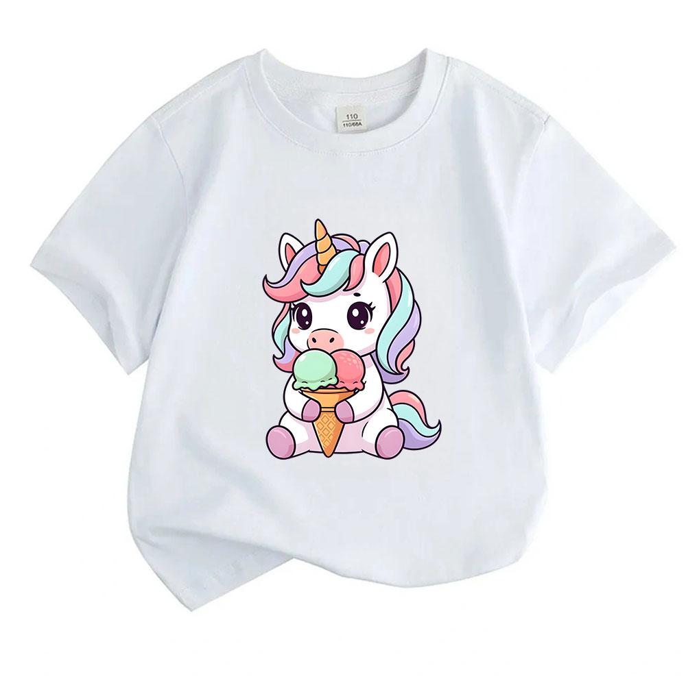 Kids Boys Girls Crew Neck Short Sleeve 100% Cotton T-Shirt, Cute Cartoon Unicorn Eating Ice Cream Pattern Casual Soft Breathable Tee Tops for Children