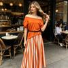 Women's Summer Vacation 2 Piece Skirt Sets Off Shoulder Short Sleeve Top And Striped Flowy Maxi Skirt Casual Travel Outfits with Belt