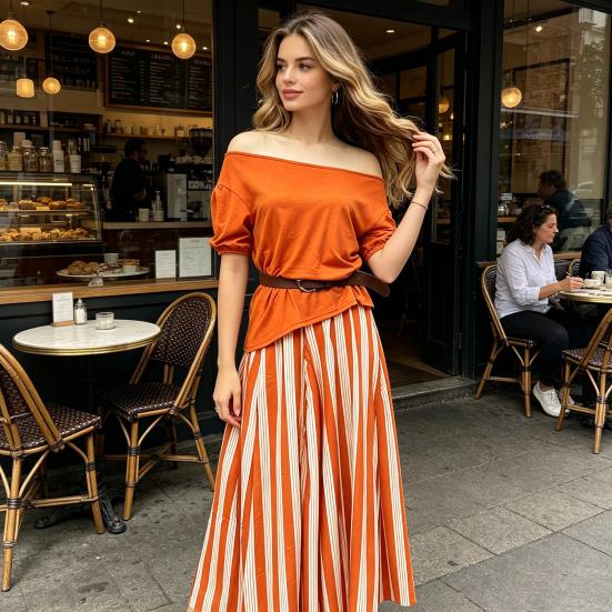 Women's Summer Vacation 2 Piece Skirt Sets Off Shoulder Short Sleeve Top And Striped Flowy Maxi Skirt Casual Travel Outfits with Belt