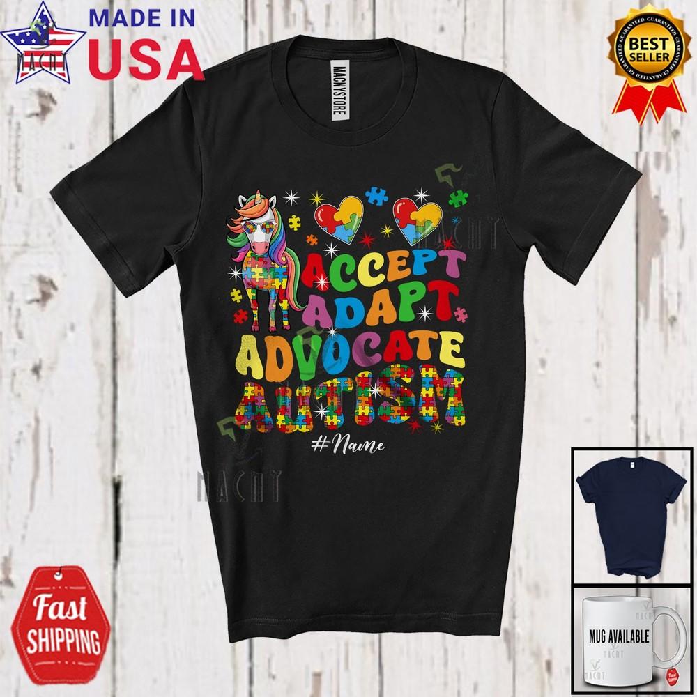

Accept Adapt Advocate Autism Awareness Custom Name Autistic Unicorn T-Shirt 3XL