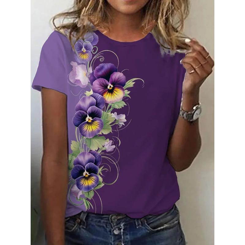 Spring and Summer New Niche Retro Cute Flower 3D Printed Round Neck Short Sleeved T-shirt