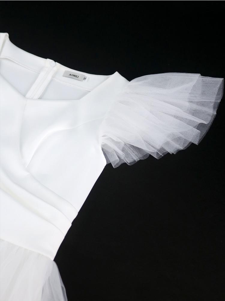 White Wedding Dresses Flutter Sleeve Mesh Skirt Gcasual Puff Short Dress Womens Wedding Guest Dresses Elegant Party Outfit