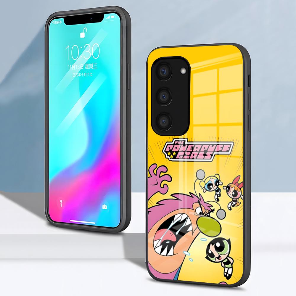 The P-Powerpuff Girls Cute Phone Case For Samsung S26 S25 S24 FE S23 S22 S21 Plus S20 Ultra Note20Ultra Black Glass Cover
