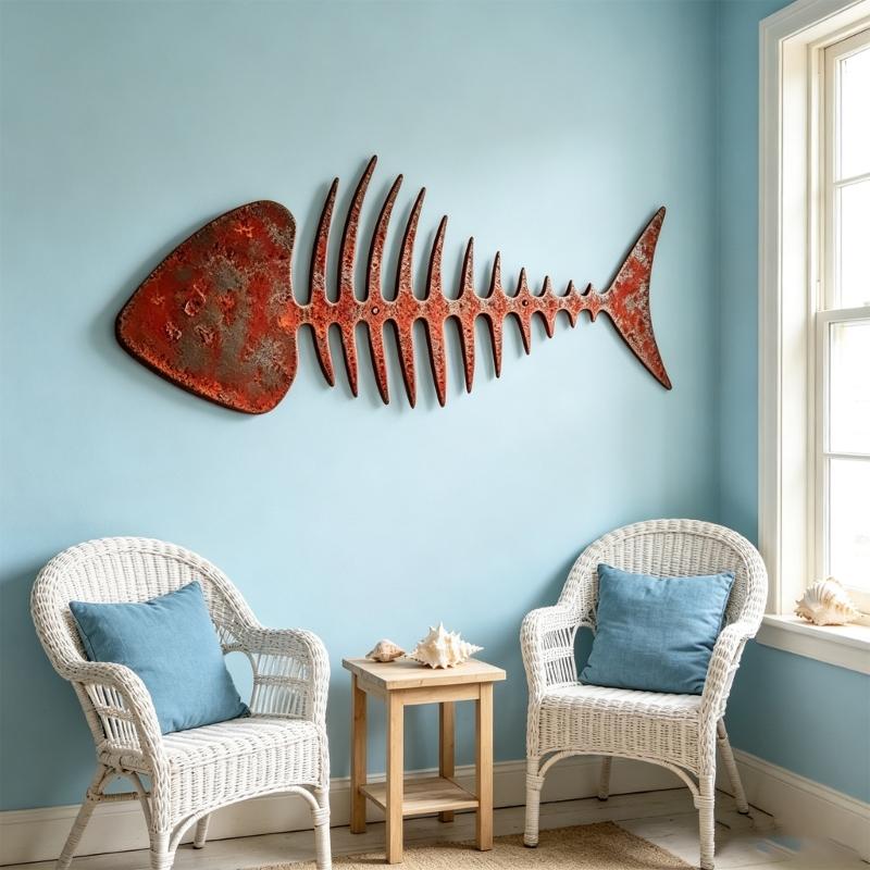 3D kovové rybí kosti Nástěnné dekorace Kovové nástěnné umění Dekorace Závěsné sochy se starožitnou hnědou barvou Kovová hloubka pro vnitřní vystavení přes vchody,