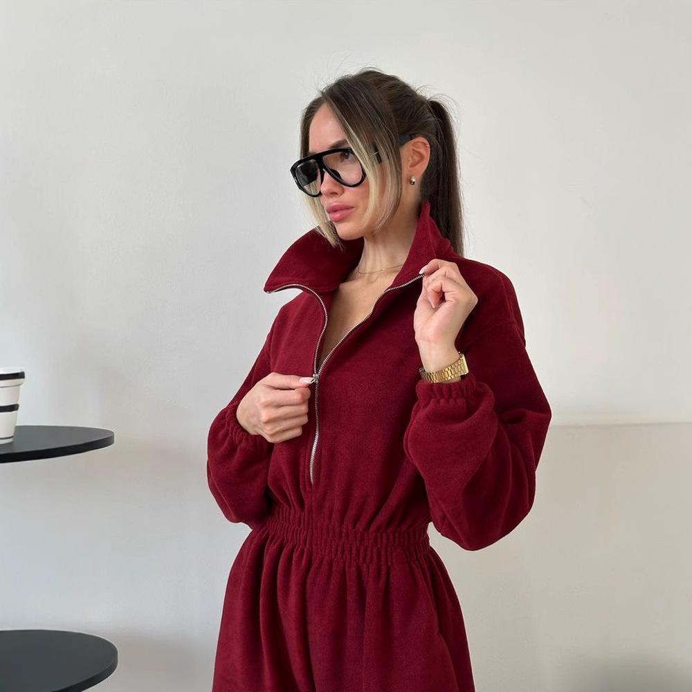 European & American Women's Spring/Autumn Long Sleeve Jumpsuit - Casual Half Open Neck, Elastic Waist Set