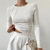 Women's Crew Neck Seam Stitch Ribbed Long Sleeve Crop Top Slim Fit Solid Thermal Dehnu Casual Pullover T-Shirt For Spring Summer Layering