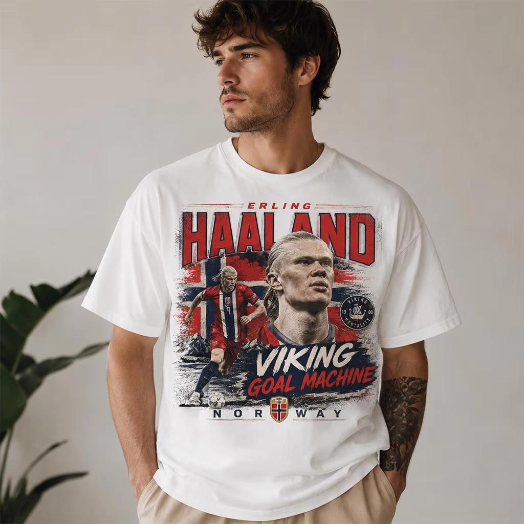 Unisex Cotton Football Streetwear T-Shirt, Garment Washed Vintage Erling Haaland Viking Goal Machine Portrait Graphic T-Shirt