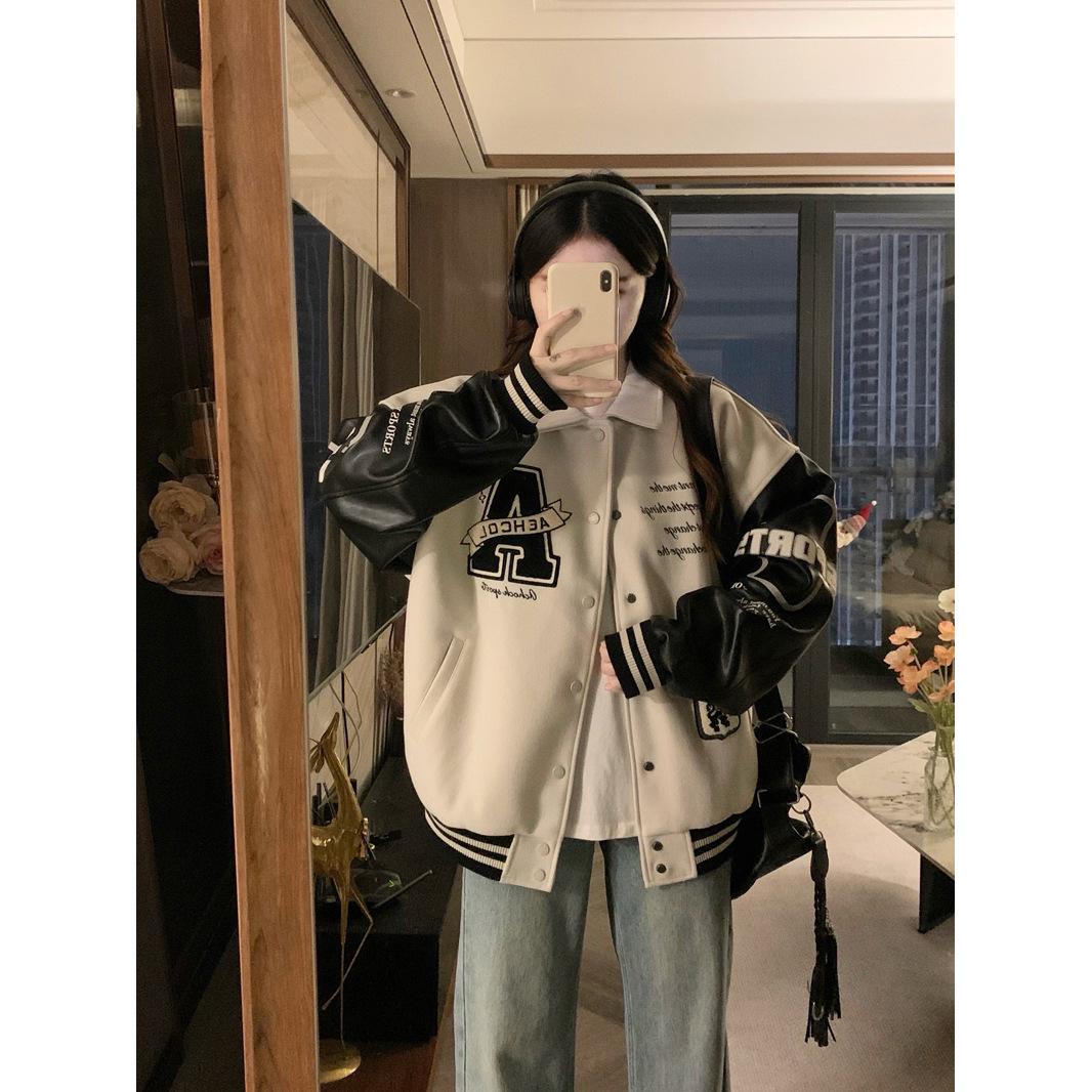 New Arrival Women s Retro Embroidered Baseball Jacket - Autumn High Street Style, Stand Collar, Loose Fit L бежевый/хаки